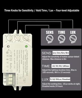  5.8GHz 300W Load Time Delay Sensitivity Lux Control Precisely adjustable microwave radar sensor light switch